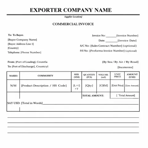 Sample Commercial Invoice showing detailed product specifications